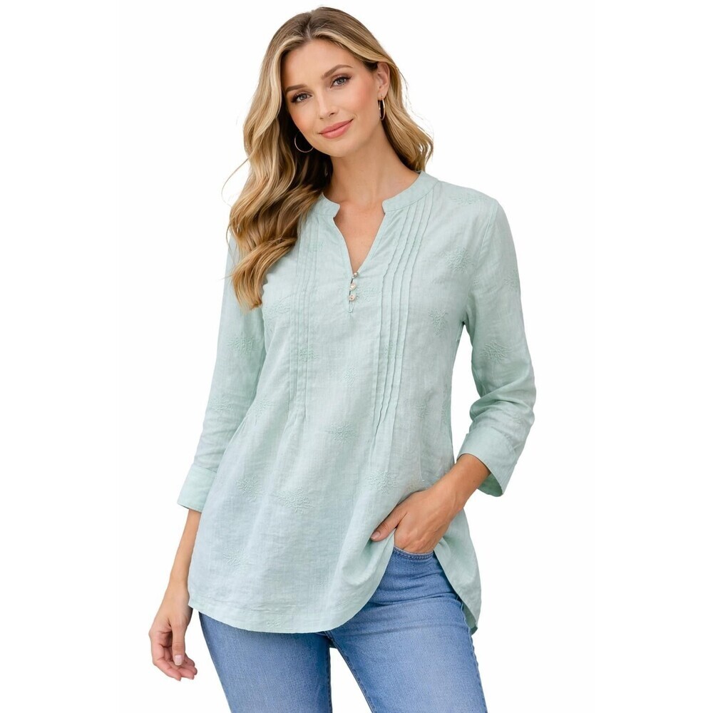 Simply NY Womens Tunic Blouse 100% Linen Mint 1X Green 3/4 Sleeve Embroidered